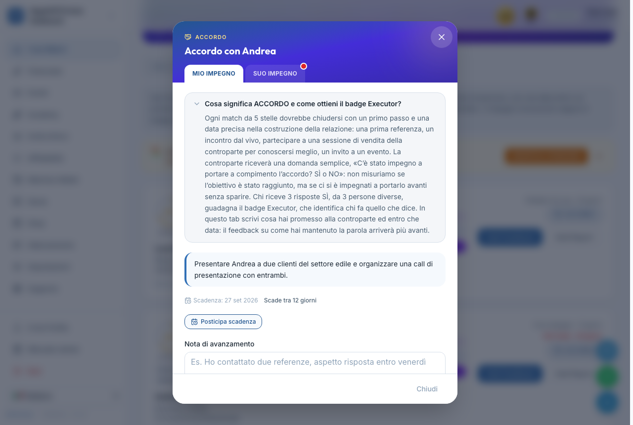 La fenêtre ACCORD ouverte sur l'onglet MON ENGAGEMENT, avec l'explication « Que signifie ACCORD et comment obtenir le badge Executor ? » dépliée, le texte de l'engagement pris, l'échéance, le bouton Reporter l'échéance et le champ Note d'avancement.