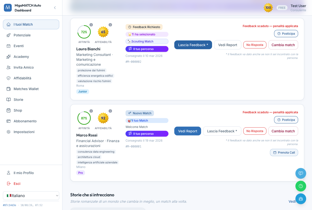 Dos tarjetas de match: cada una muestra los porcentajes de Afinidad y Fiabilidad, el nombre y la profesión de la persona, las etiquetas del tipo de match y los botones Dejar Feedback, Ver Informe, Sin Respuesta y Cambiar match.