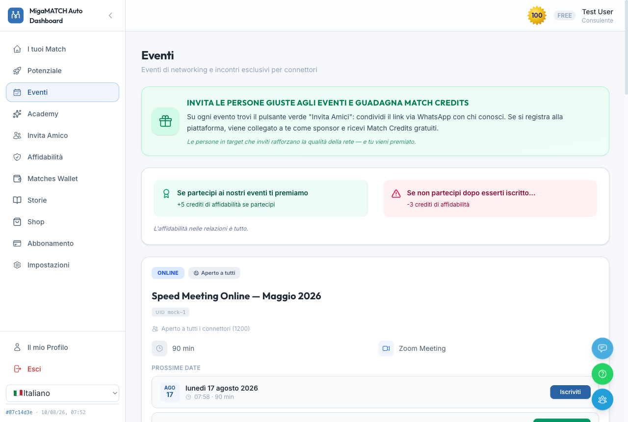 La página Eventos con el recuadro verde que explica el premio por invitar amigos, los dos recuadros sobre los créditos de fiabilidad y la tarjeta de un Speed Meeting online en Zoom con el botón Inscribirse.