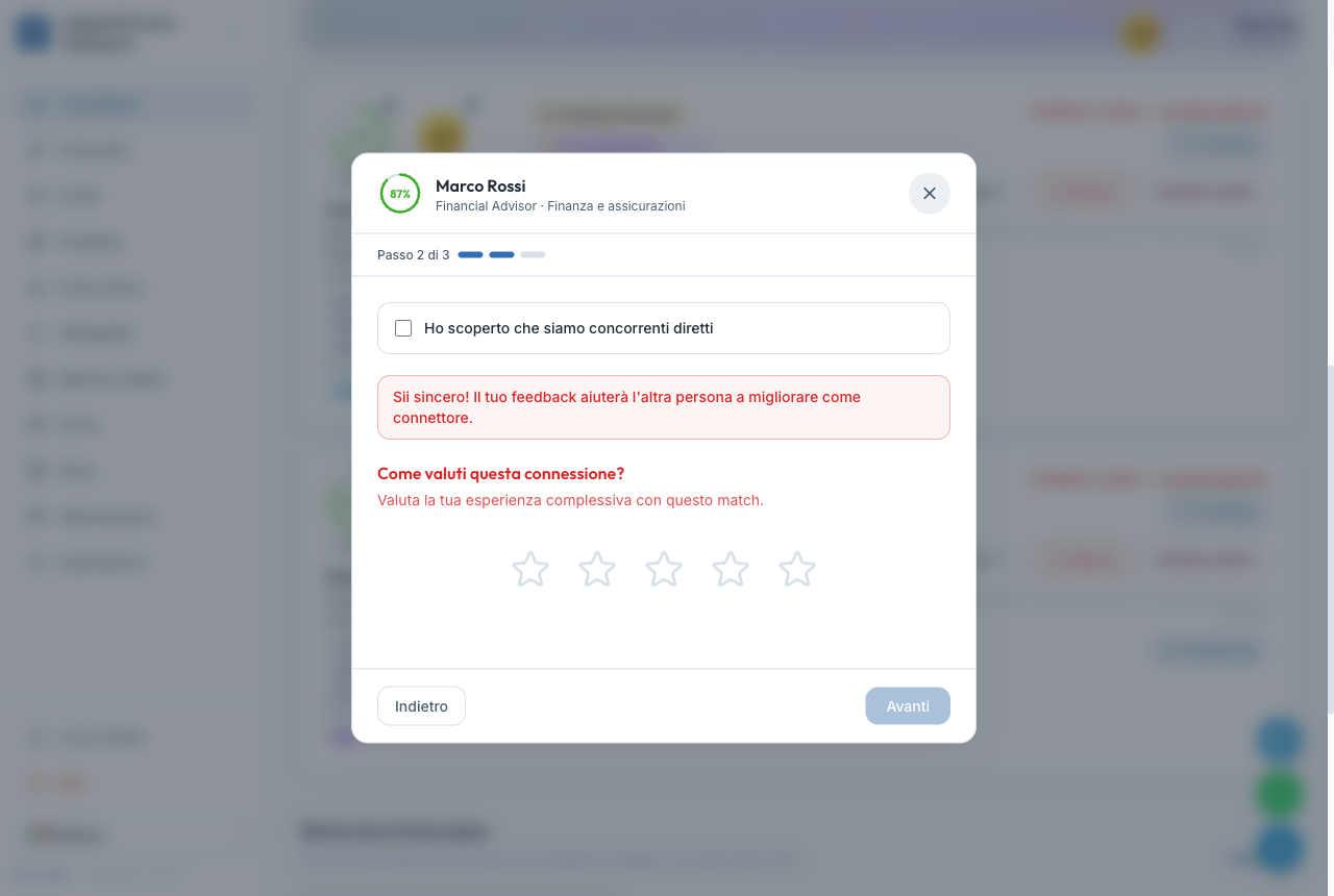 El segundo paso del feedback con la casilla «He descubierto que somos competidores directos», la invitación a la sinceridad y la valoración de 5 estrellas.