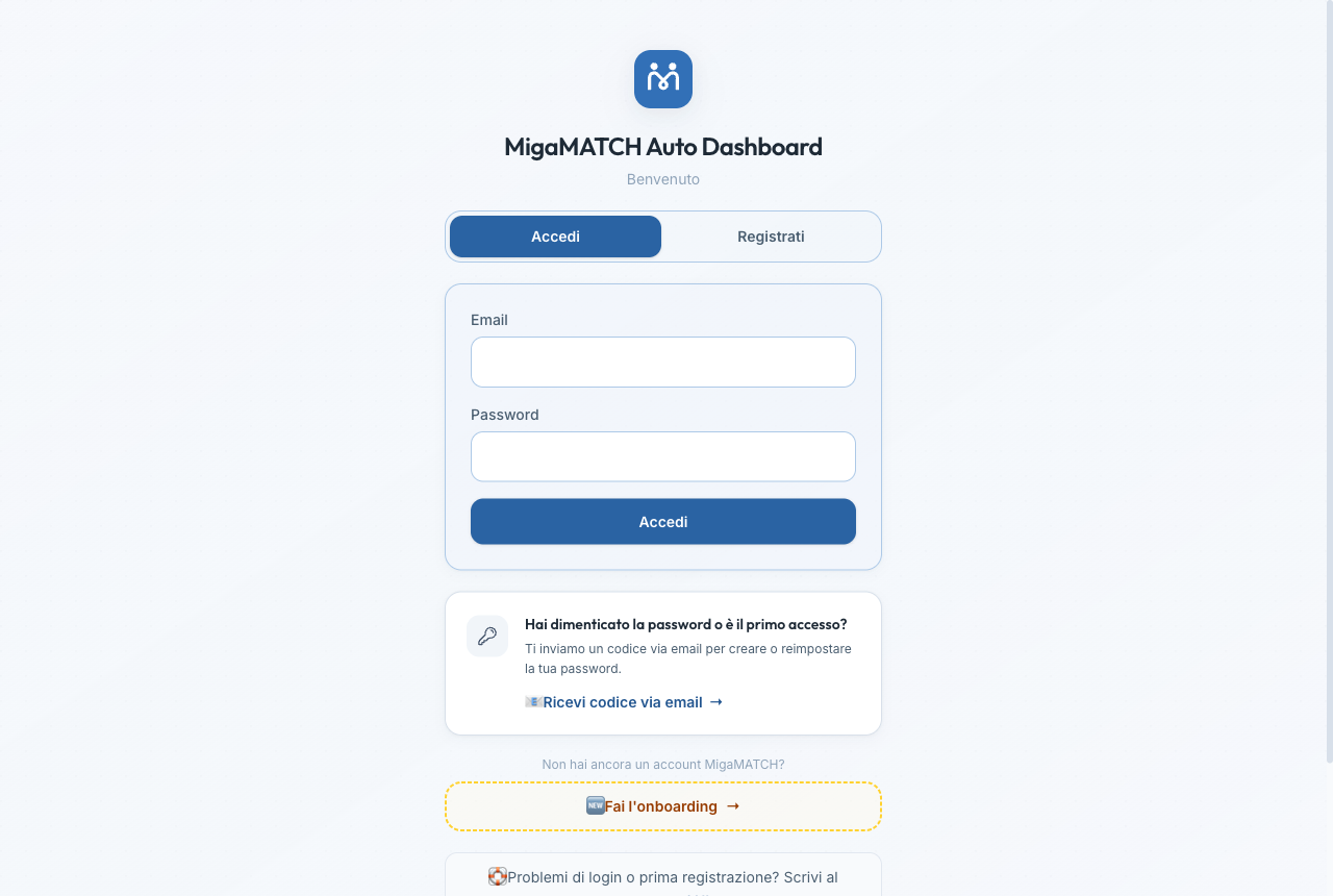 Página de inicio de sesión de MigaMATCH con los campos de email y contraseña, el enlace para recuperar la contraseña y la sección para introducir el código de acceso de 8 dígitos.