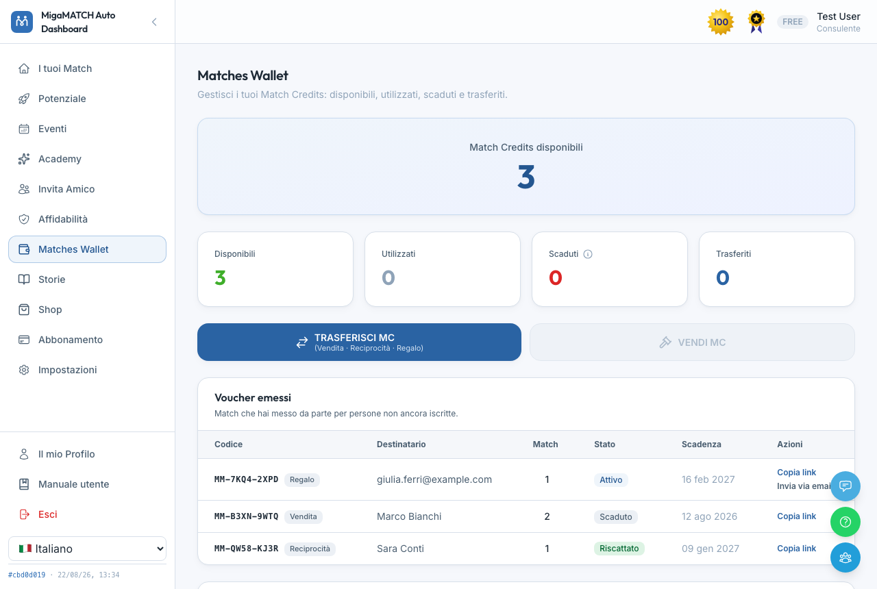 La página Matches Wallet con el total de Match Credits disponibles, las cuatro tarjetas Disponibles, Utilizados, Expirados y Transferidos, y el extracto de los movimientos.