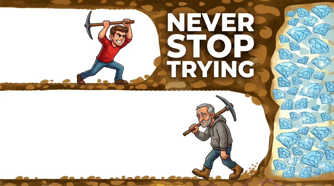 Viñeta de dos mineros: uno excava con energía y está a pocos golpes de los diamantes; el otro se marcha desanimado justo cuando la pared de diamantes estaba a un paso. Texto: Never stop trying.