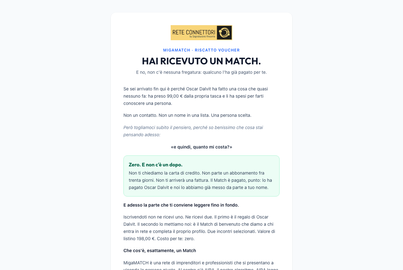 La página pública que abre quien recibe un Match regalado para canjearlo, con el nombre de quien se lo ofreció y el botón para completar el registro.