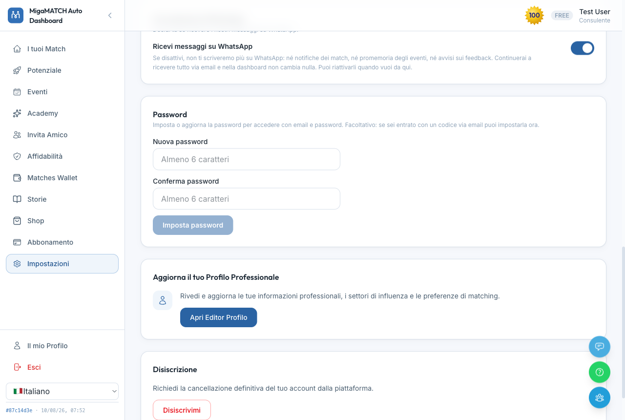 La parte inferior de la página Configuración con la elección del idioma, las preferencias de email y el interruptor de las comunicaciones de WhatsApp.