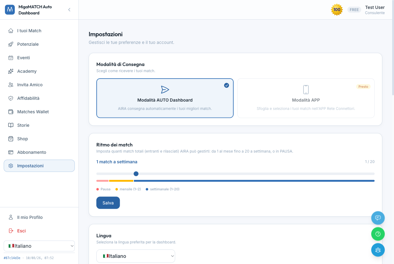La página Configuración con la elección del modo de entrega y el control deslizante del ritmo de los matches, desde una pausa hasta 20 matches por semana.