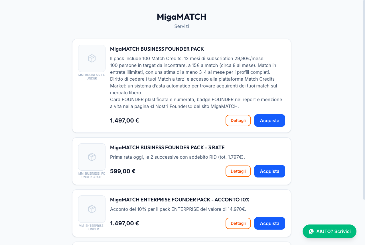 La tienda pública de MigaMATCH accesible sin inicio de sesión, con el catálogo de servicios, el carrito y el formulario de facturación con el código fiscal.