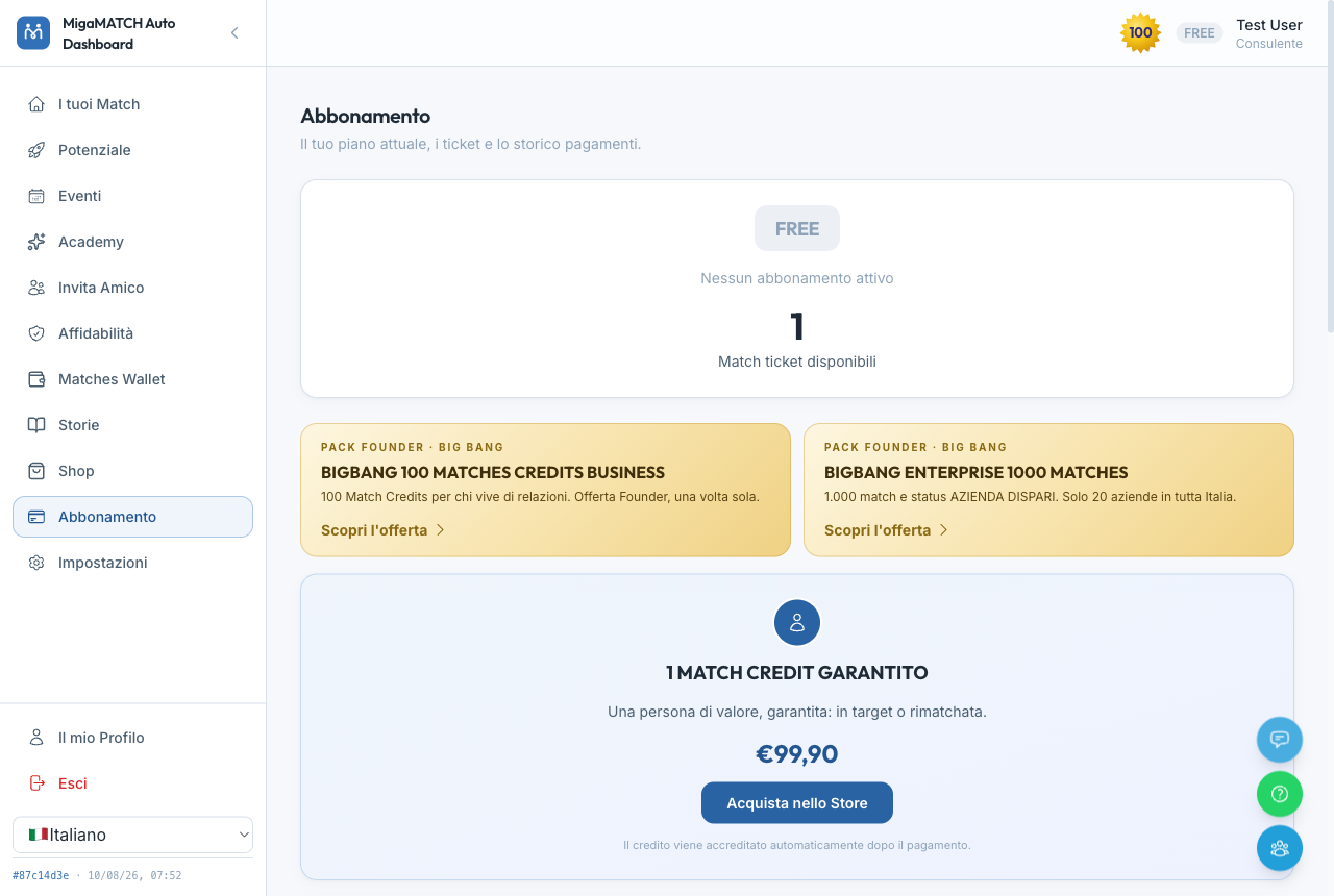 La página Suscripción con las tarjetas de las ofertas: el Match Credit garantizado, la promoción del plan Business y la tarjeta para las empresas.