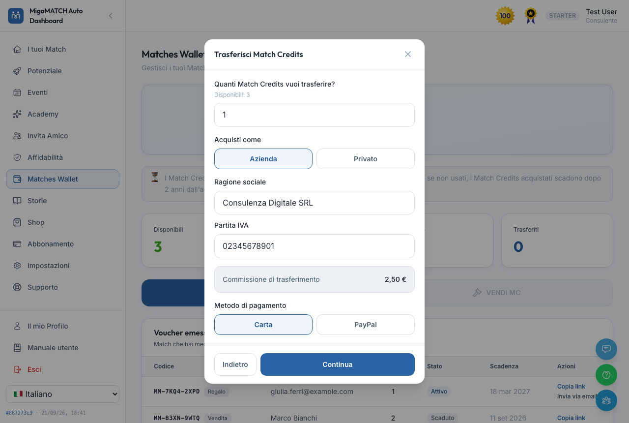 La troisième étape : combien de Match Credits transférer, les données de facturation, la commission de transfert calculée par le serveur (2,50 € dans l'exemple) et le choix entre Carte et PayPal.