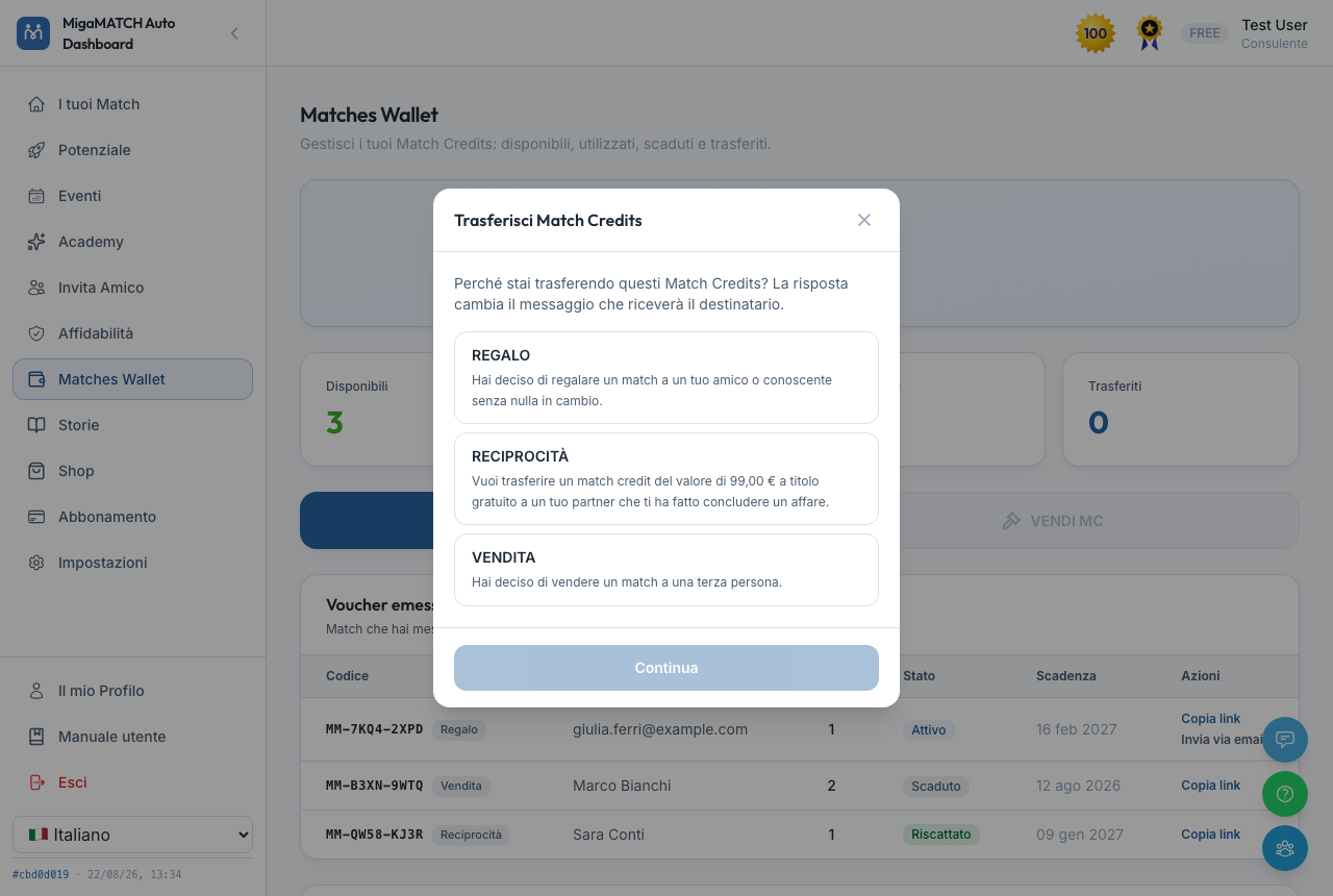 El primer paso de la ventana Transferir Match Credits, con las tres opciones Regalo, Reciprocidad y Venta a elegir antes de continuar.