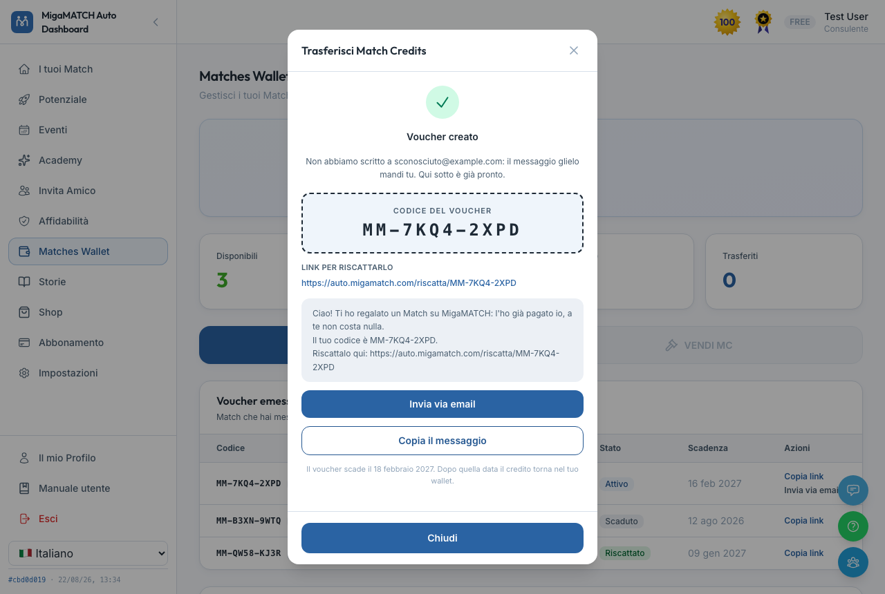La pantalla de confirmación con el código del voucher, el enlace de canje y el mensaje ya preparado para copiar o enviar por email.